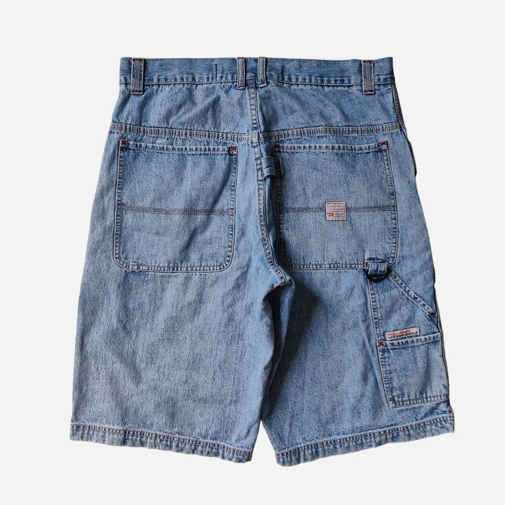 Y2K Paco Jeans Baggy blue denim carpenter shorts with a distressed look